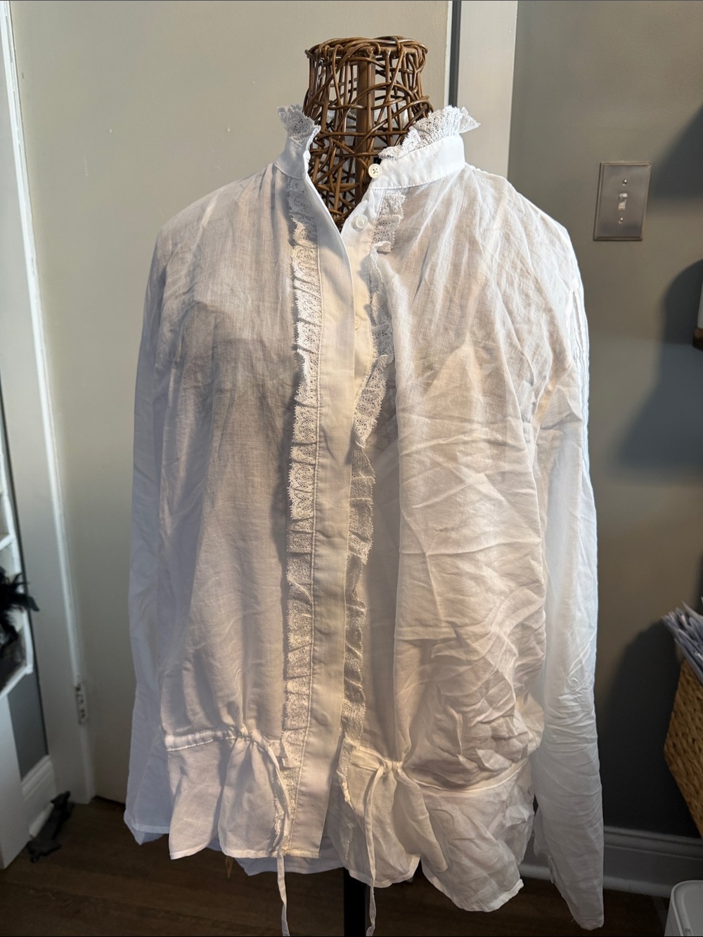 J. Crew White Linen Ruffled Button-Up Blouse